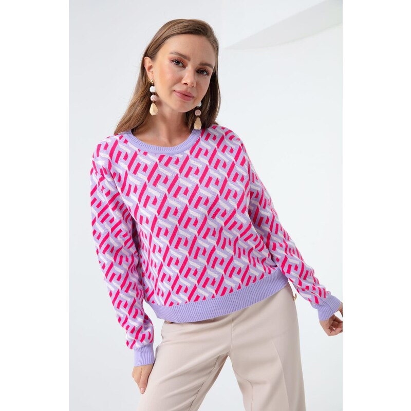 Lafaba Women's Lilac Crew Neck Patterned Knitwear Sweater