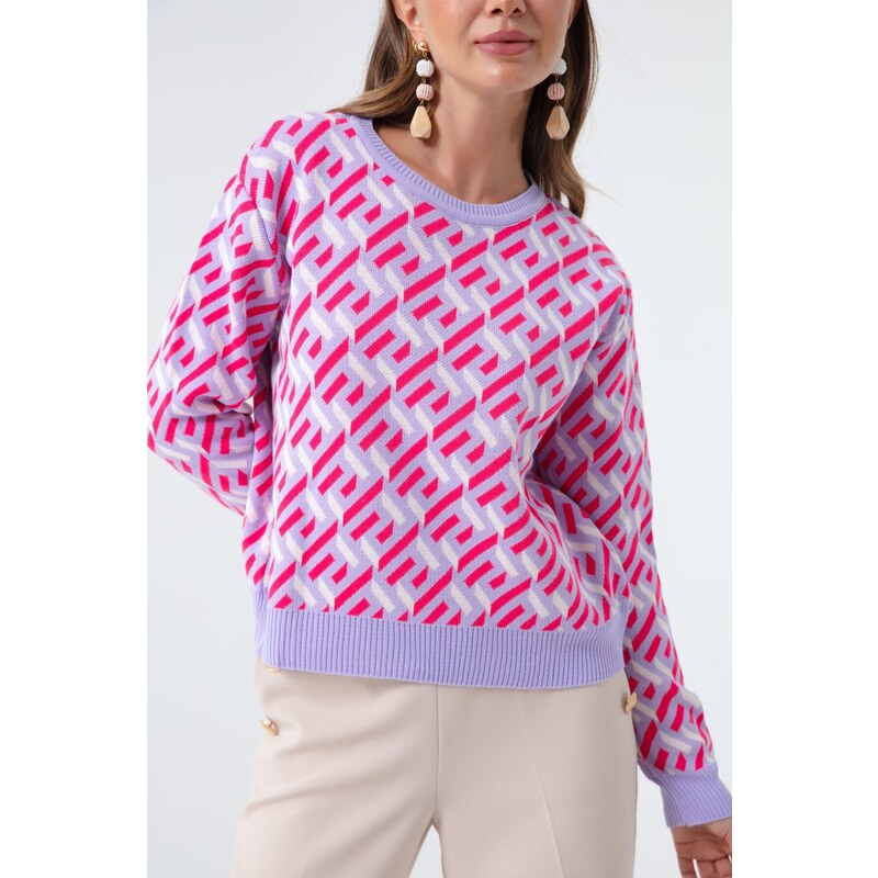 Lafaba Women's Lilac Crew Neck Patterned Knitwear Sweater