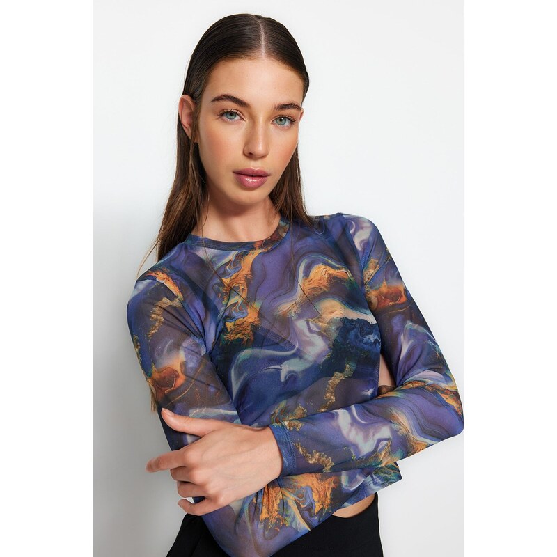 Trendyol vícebarevná potištěná přiléhavá crop halenka z pružného 107064964