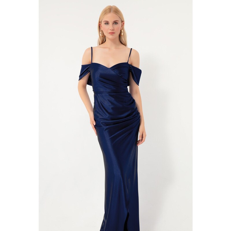 Lafaba Women's Navy Blue Slim Straps Double Breasted Collar With Slits Long Evening Dress.