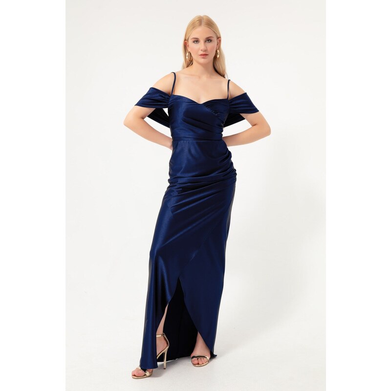 Lafaba Women's Navy Blue Slim Straps Double Breasted Collar With Slits Long Evening Dress.
