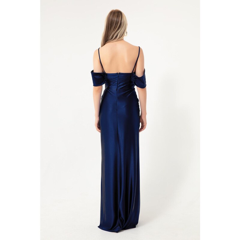 Lafaba Women's Navy Blue Slim Straps Double Breasted Collar With Slits Long Evening Dress.