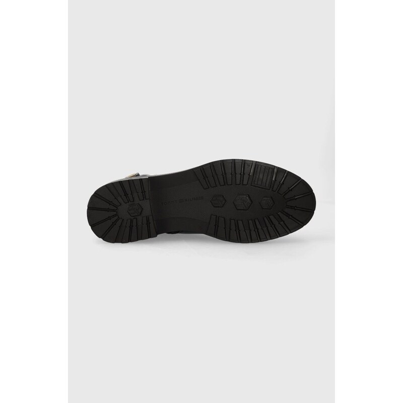 Kožené kotníkové boty Tommy Hilfiger BELT BOOTIE MATERIAL MIX dámské, tmavomodrá barva, na plochém podpatku, FW0FW07477