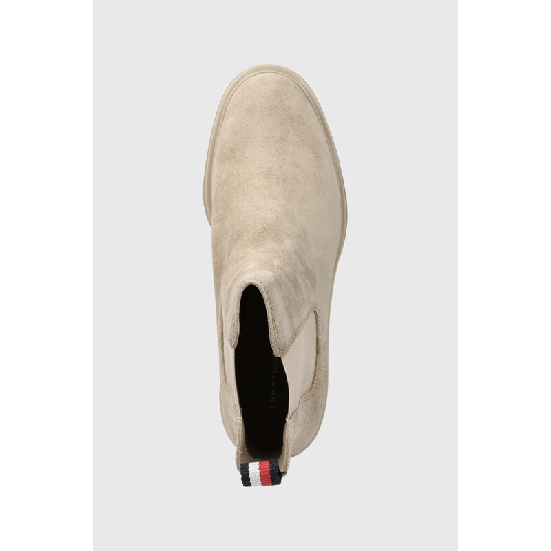 Semišové kotníkové boty Tommy Hilfiger ESSENTIAL MIDHEEL SUEDE BOOTIE dámské, béžová barva, na podpatku, FW0FW07522