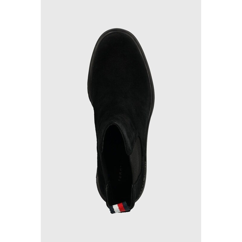 Semišové kotníkové boty Tommy Hilfiger ESSENTIAL MIDHEEL SUEDE BOOTIE dámské, černá barva, na podpatku, FW0FW07522