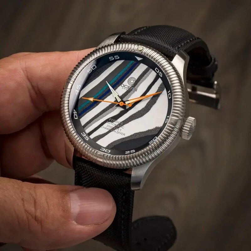 Ocean Crawler Watches Stříbrné pánské hodinky Oceancrawler Watches s kevlarovým páskem Champion Diver Fordite Type C - Automatic 44MM
