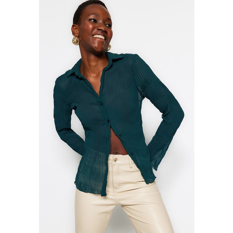 Trendyol Emerald Green Sheer Pleated Fitted Woven Shirt