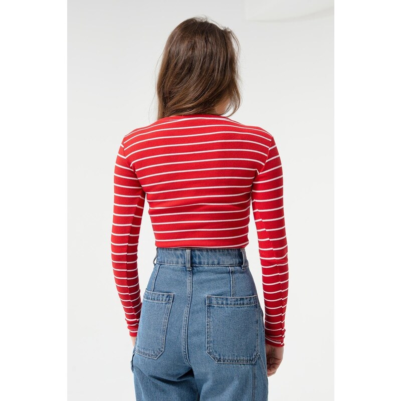Lafaba Women's Red-ecru Corduroy Long-Sleeve Crop Top