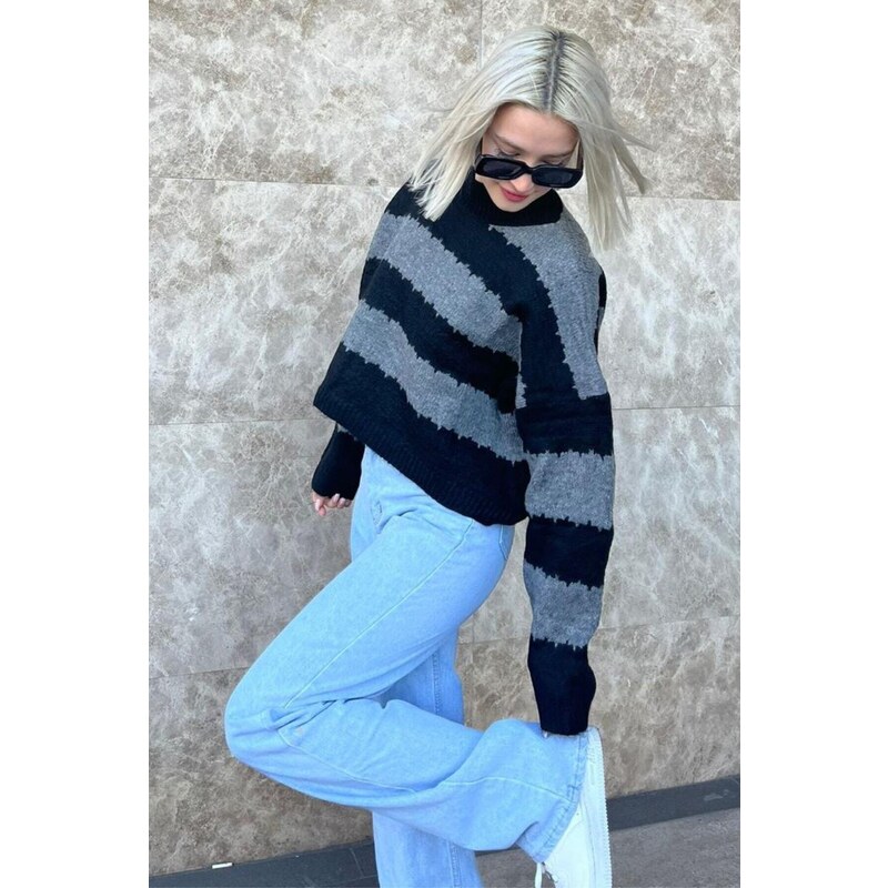 Madmext Anthracite Patterned Oversize Sweater