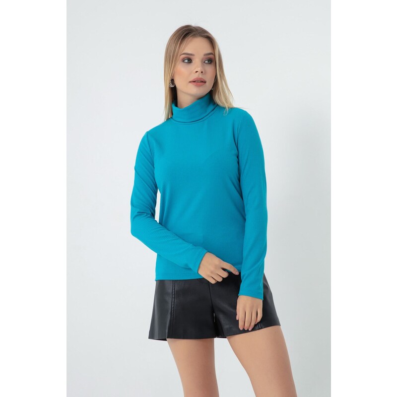 Lafaba Women's Turquoise Turtleneck Knitted Blouse