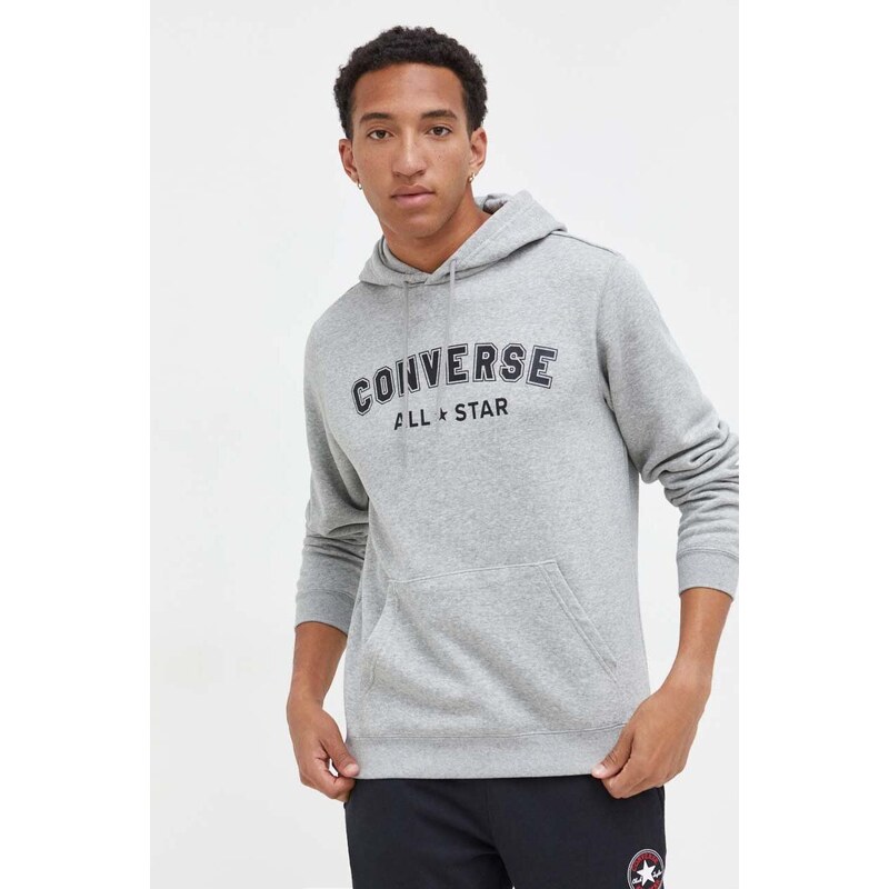 Mikina Converse šedá barva, s kapucí, s potiskem