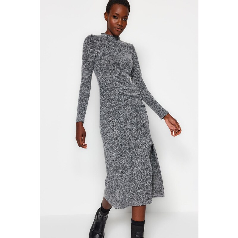 Trendyol Anthracite Crew Neck Fluffy Midi Slit and Gathered Detail Fitted Knitted Dress