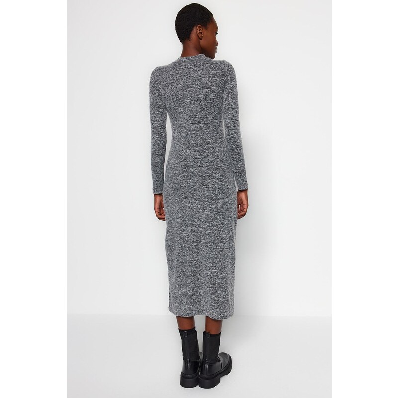 Trendyol Anthracite Crew Neck Fluffy Midi Slit and Gathered Detail Fitted Knitted Dress