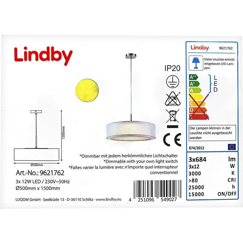 Lindby Lindby - LED Stmívatelný lustr na lanku AMON 3xLED/12W/230V LW0017