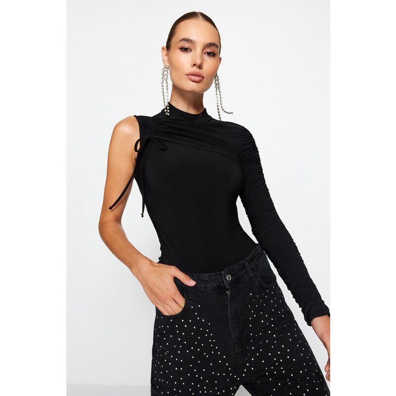 Trendyol Black Drape Detailed Single Sleeve Knitted Bodysuit