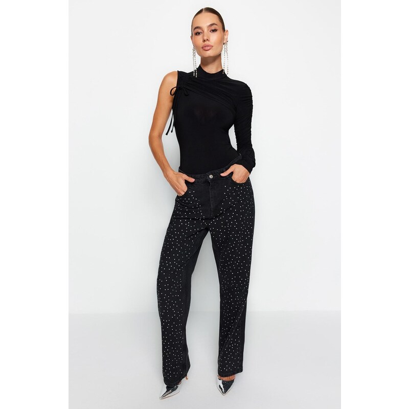 Trendyol Black Drape Detailed Single Sleeve Knitted Bodysuit