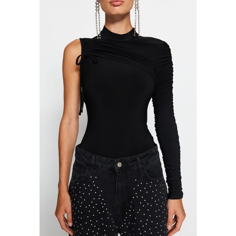 Trendyol Black Drape Detailed Single Sleeve Knitted Bodysuit