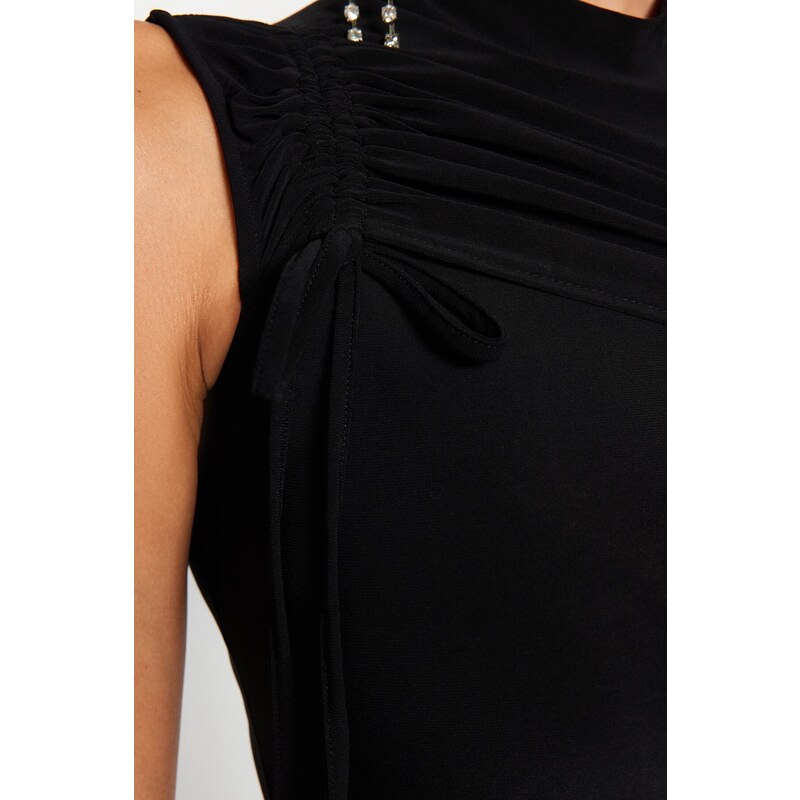 Trendyol Black Drape Detailed Single Sleeve Knitted Bodysuit