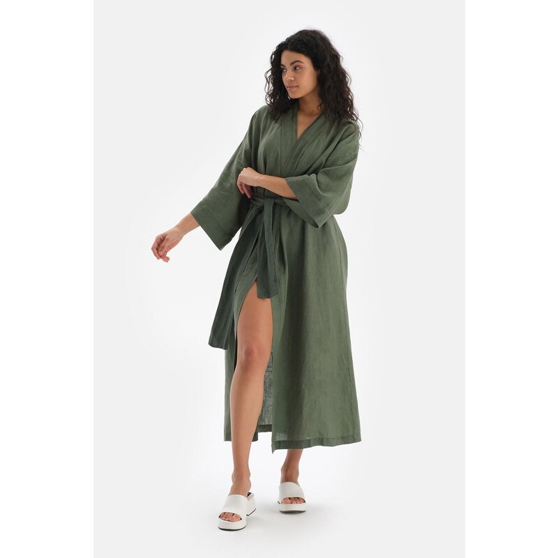 Dagi Green Linen Long Kimono