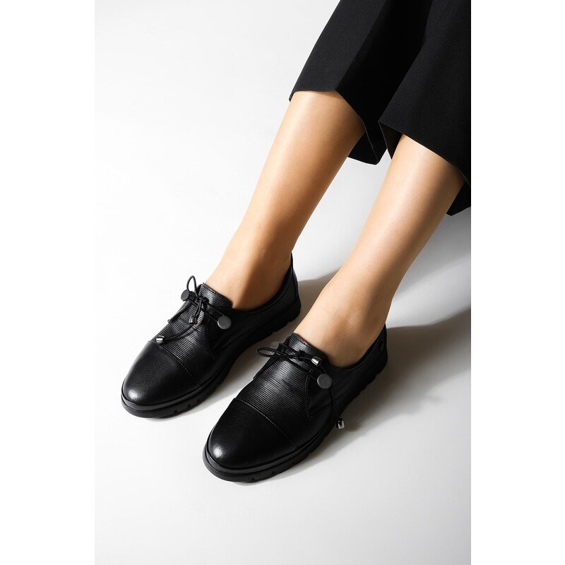 Marjin Women's Genuine Leather Comfort Casual Shoes with Lace-up Demas Black