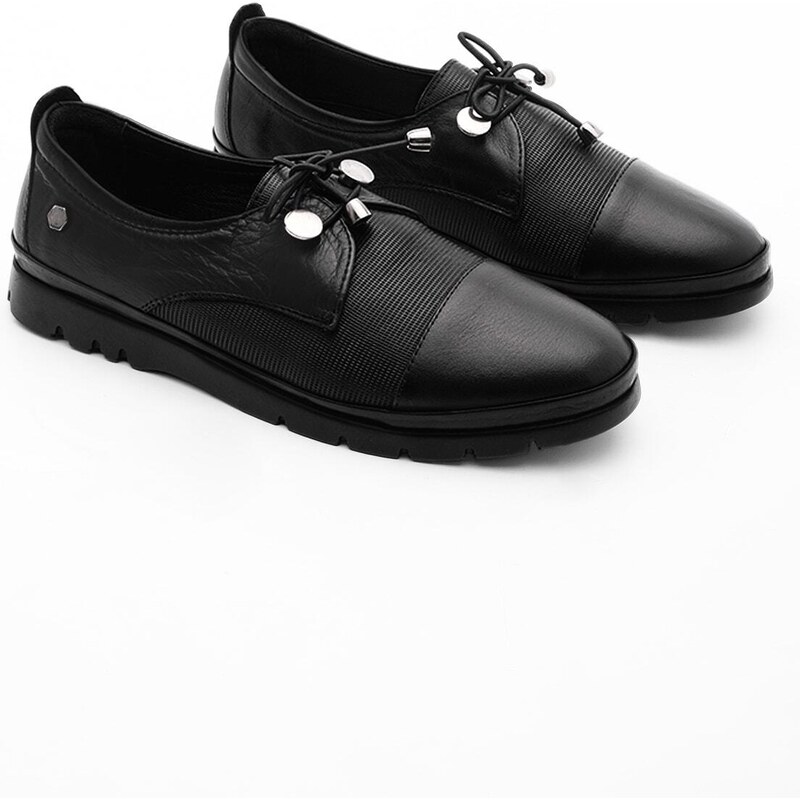 Marjin Women's Genuine Leather Comfort Casual Shoes with Lace-up Demas Black