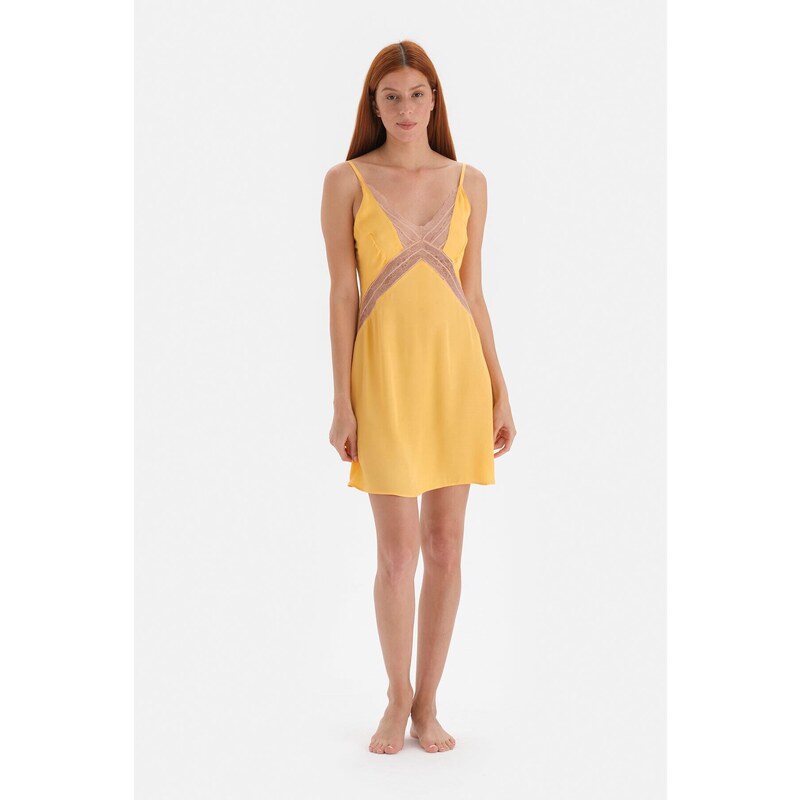 Dagi Yellow Lace Detailed Strappy Viscose Nightgown