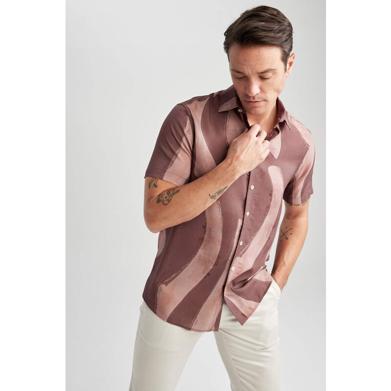 DEFACTO Modern Fit Polo Neck Patterned Fabric Short Sleeve Shirt