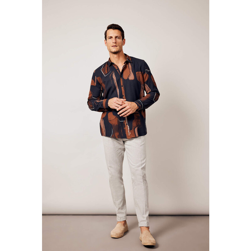 DEFACTO Regular Fit Polo Neck Patterned Cotton Long Sleeve Shirt