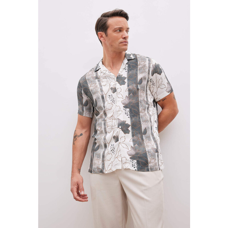DEFACTO Modern Fit Polo Neck Patterned Printed Fabric Short Sleeve Shirt