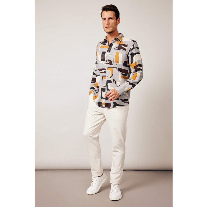 DEFACTO Regular Fit Polo Neck Patterned Textured Long Sleeve Shirt