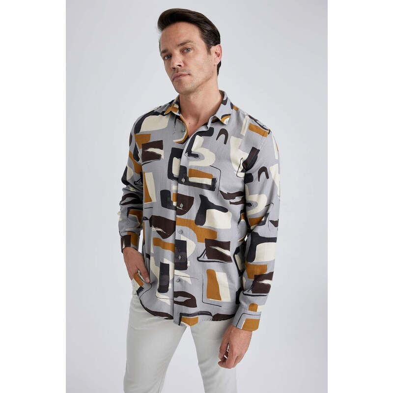 DEFACTO Regular Fit Polo Neck Patterned Textured Long Sleeve Shirt