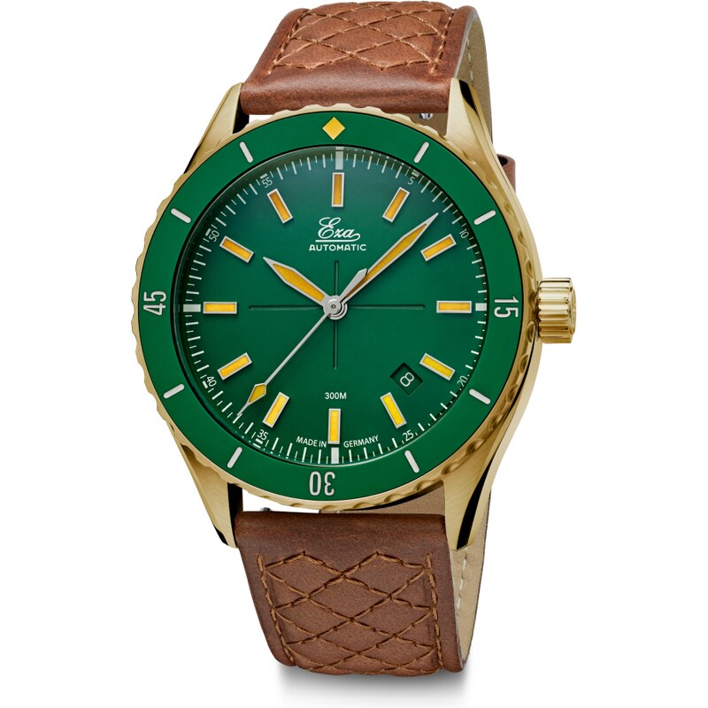 Eza Watches Zlaté pánské hodinky Eza s koženým páskem Sealander Bronze Green - 41MM Automatic