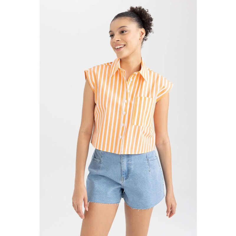 DEFACTO Cool Crop Top Shirt Collar Striped Poplin Sleeveless Shirt