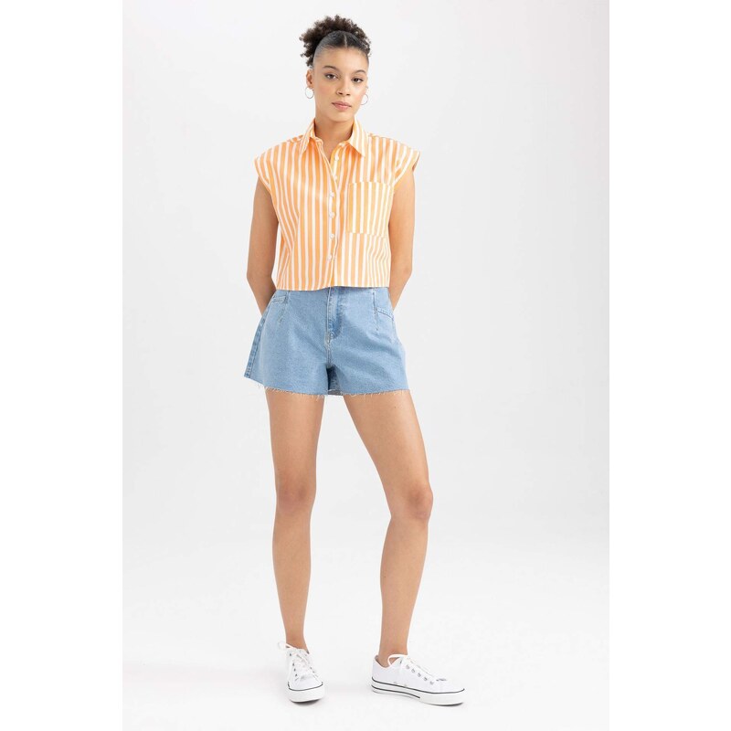 DEFACTO Cool Crop Top Shirt Collar Striped Poplin Sleeveless Shirt