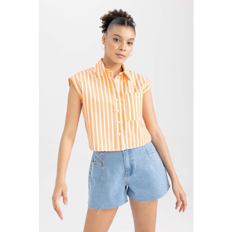 DEFACTO Cool Crop Top Shirt Collar Striped Poplin Sleeveless Shirt