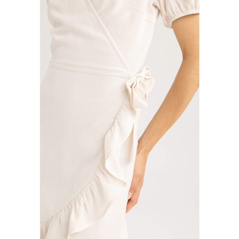 DEFACTO Wrap Collar linen Mini Short Sleeve Woven Dress