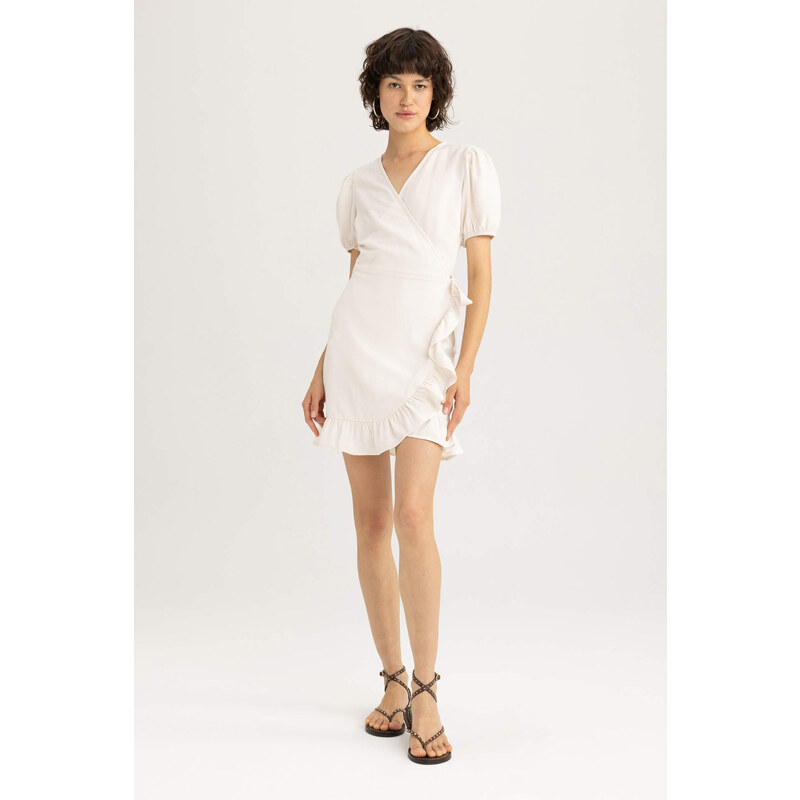 DEFACTO Wrap Collar linen Mini Short Sleeve Woven Dress