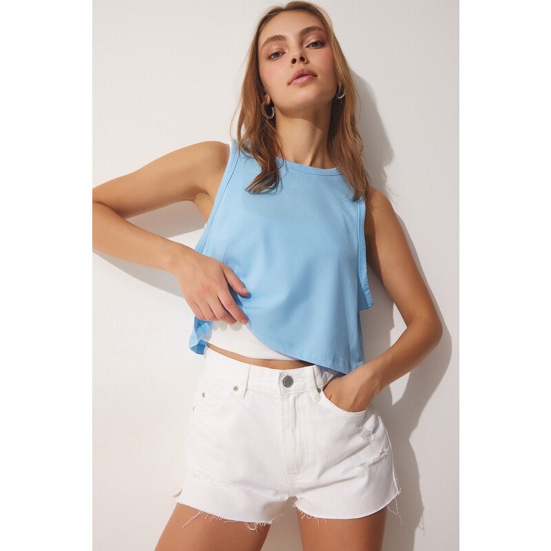 Happiness İstanbul Women's Sky Blue Cotton Halter Neck Crop T-Shirt