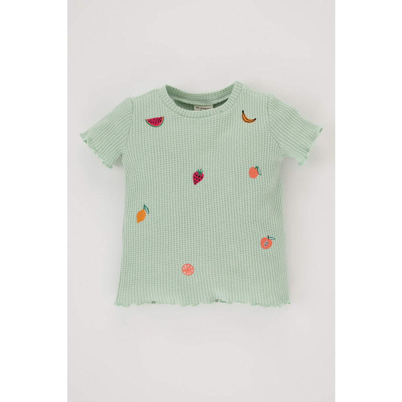 DEFACTO Baby Girl Regular Fit Crew Neck Fruit Patterned Waffle Short Sleeved T-Shirt