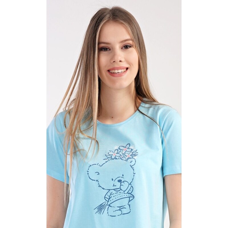 Vienetta Dámská noční košile s krátkým rukávem Méďa s kytkou - mentolová