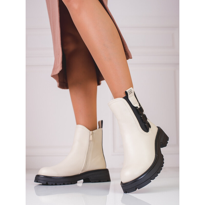 Exkluzívní dámské kotníčkové boty hnědé na plochém podpatku