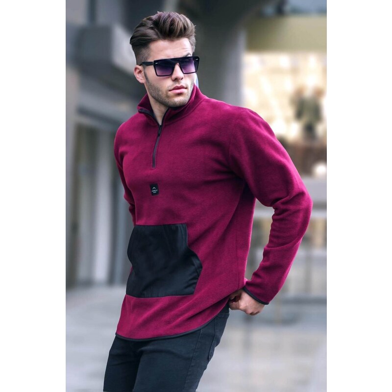 Madmext Men's Claret Red Bato Collar Kangaroo Pocket Cold-Proof Fleece Sweatshirt 6018