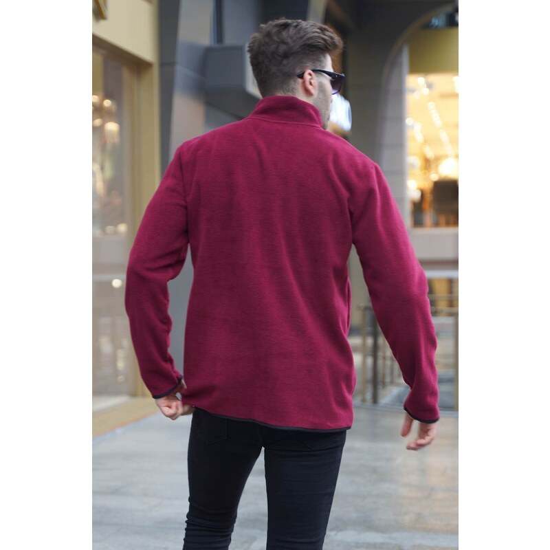 Madmext Men's Claret Red Bato Collar Kangaroo Pocket Cold-Proof Fleece Sweatshirt 6018