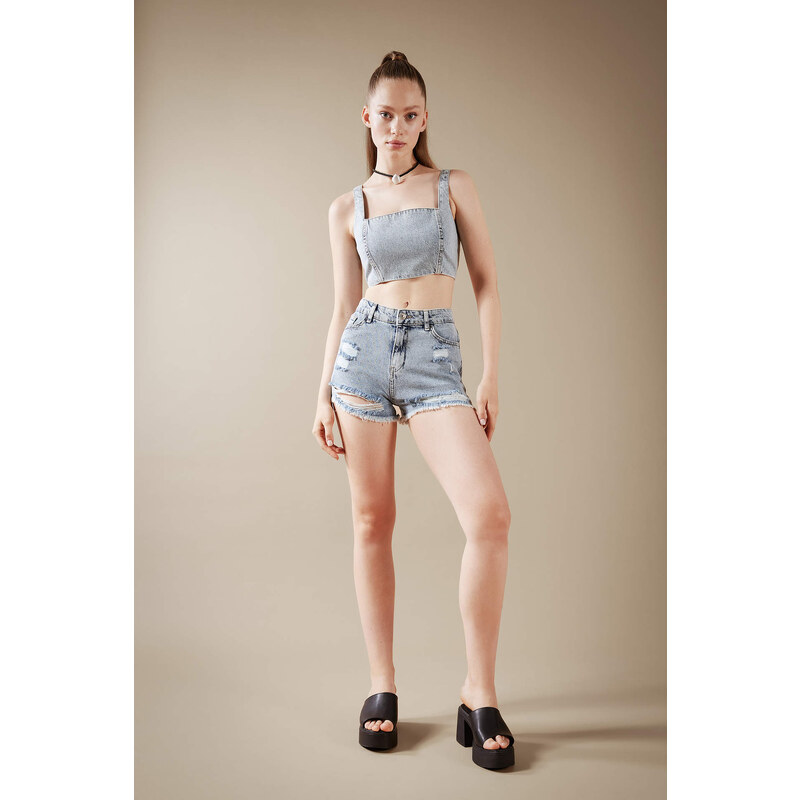 DEFACTO High Waist Crop-Tip Jean Shorts