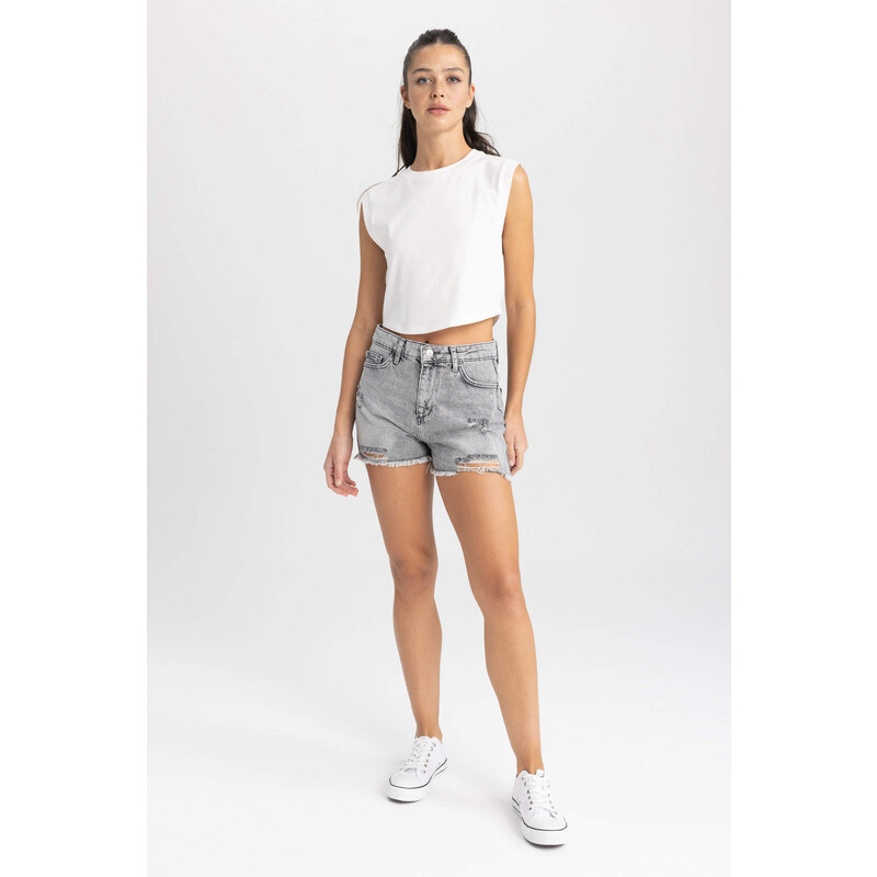 DEFACTO Normal Waist Cropped Side Leg Jean Shorts