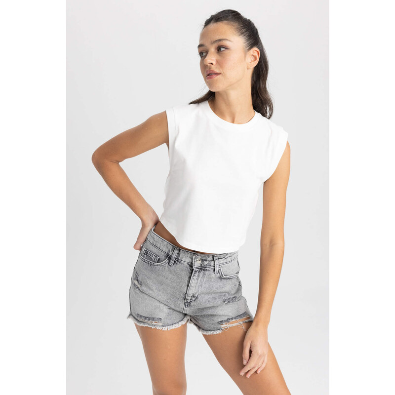 DEFACTO Normal Waist Cropped Side Leg Jean Shorts