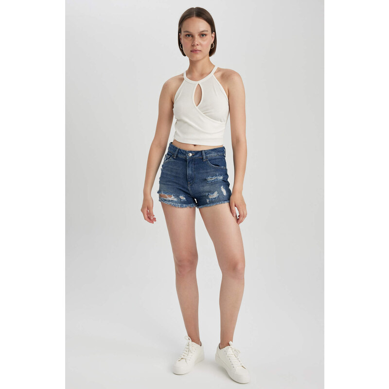 DEFACTO Normal Waist Cropped Side Leg Jean Shorts