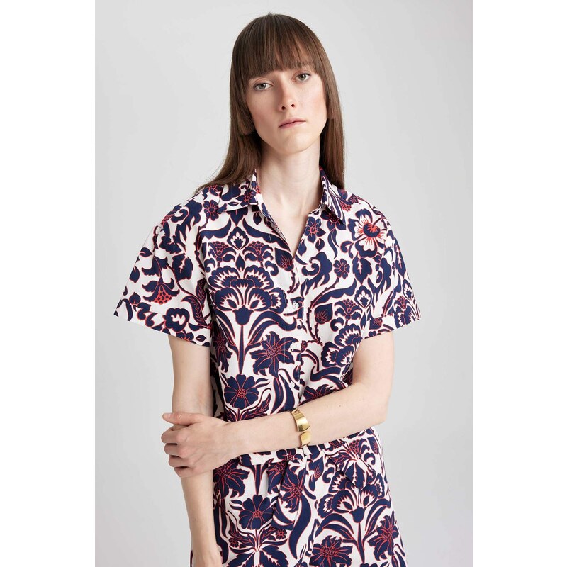 DEFACTO Patterned Shirt Collar Poplin Short Sleeve Shirt