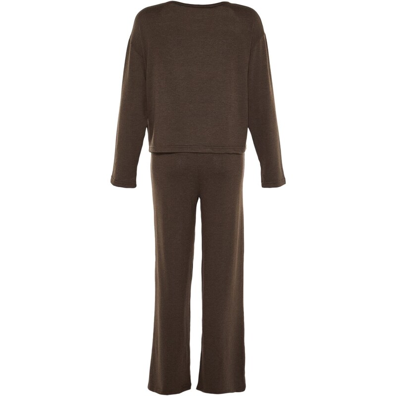 Trendyol Brown Corded Cotton Tshirt-Pants Knitted Pajama Set