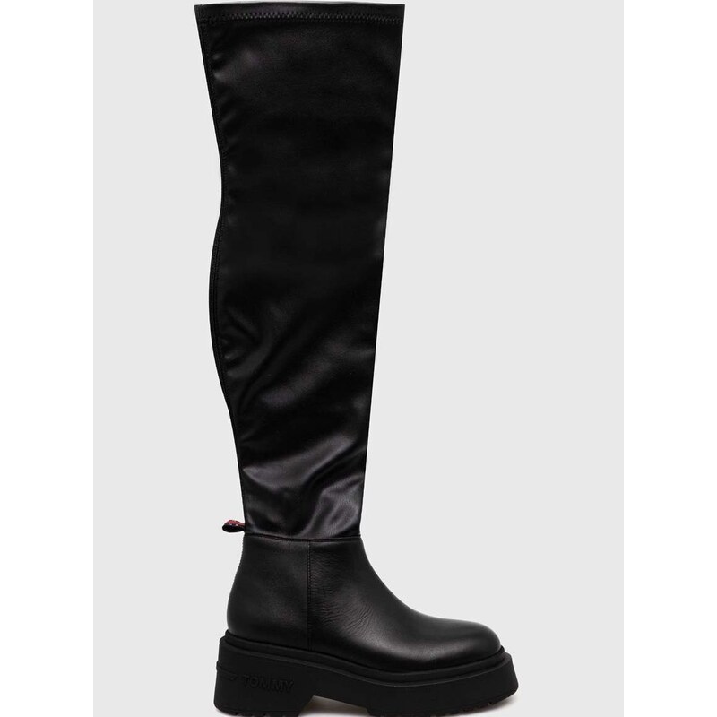 Kozačky Tommy Jeans TJW OVER THE KNEE BOOTS dámské, černá barva, na platformě, EN0EN02254